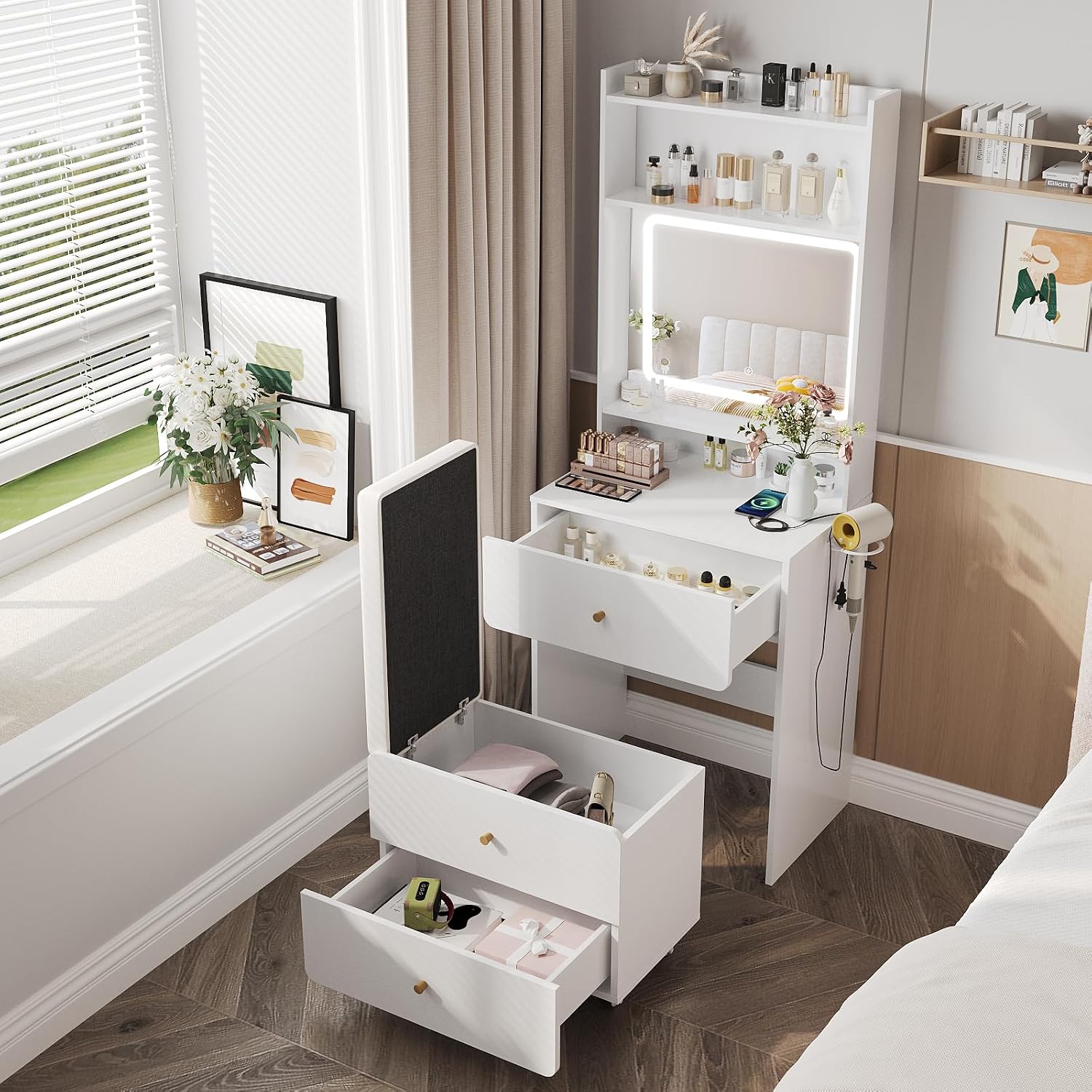 Desk Setup Bedroom - Toaletka z lustrem i oświetleniem, mała